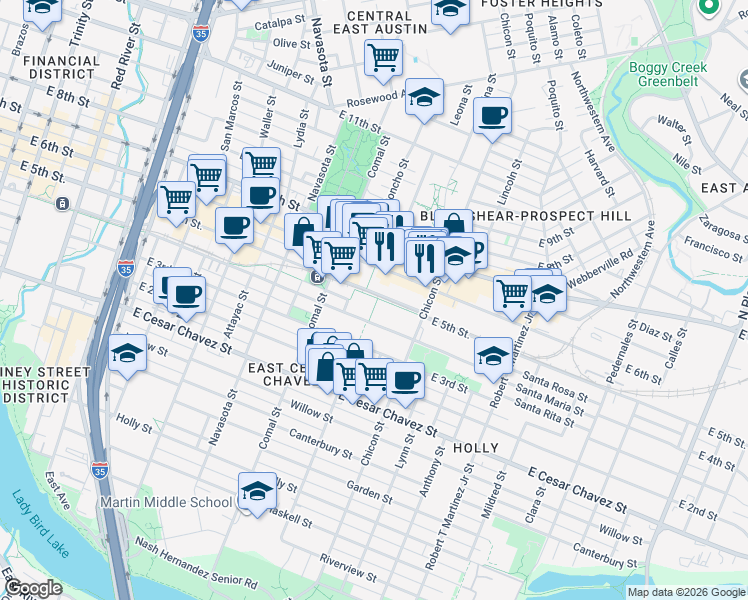 map of restaurants, bars, coffee shops, grocery stores, and more near 1700 East 4th Street in Austin
