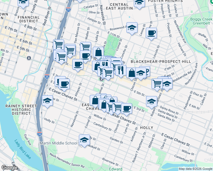 map of restaurants, bars, coffee shops, grocery stores, and more near 400 1/2 Concho Street in Austin