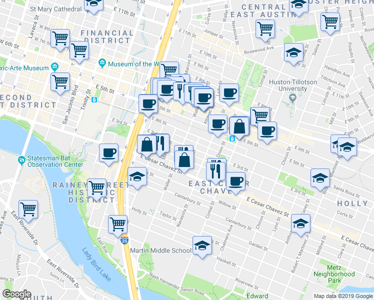 map of restaurants, bars, coffee shops, grocery stores, and more near 204 Attayac Street in Austin