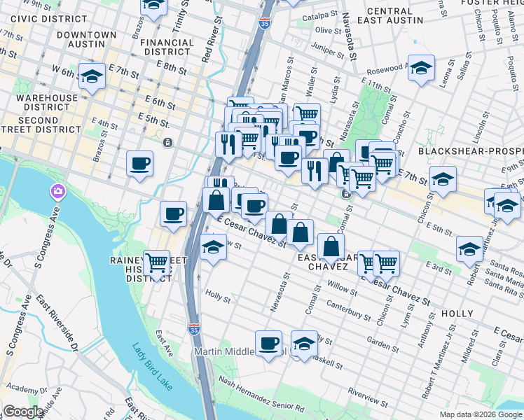 map of restaurants, bars, coffee shops, grocery stores, and more near 1106 East 2nd Street in Austin