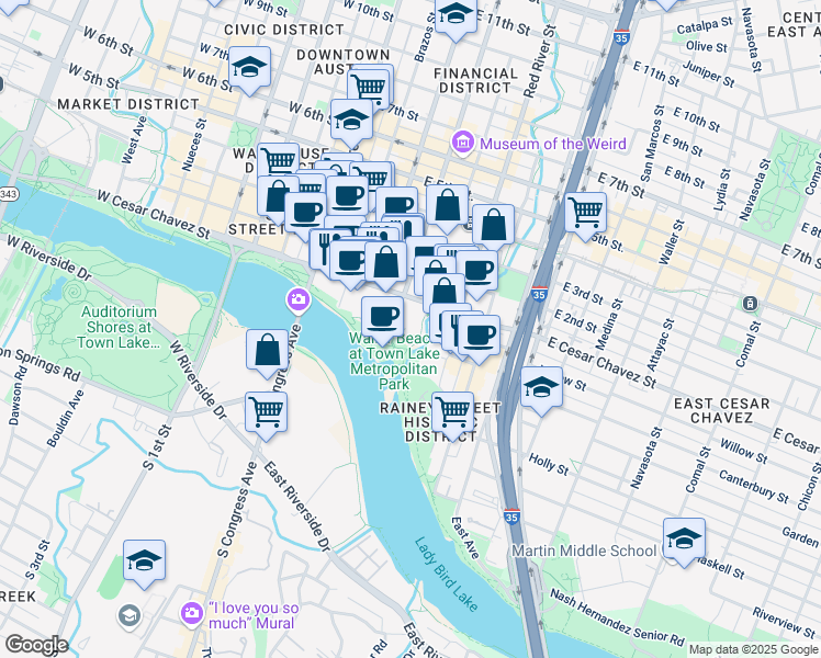 map of restaurants, bars, coffee shops, grocery stores, and more near 85 Trinity Street in Austin