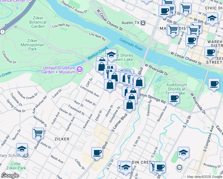 map of restaurants, bars, coffee shops, grocery stores, and more near 1501 Barton Springs Road in Austin