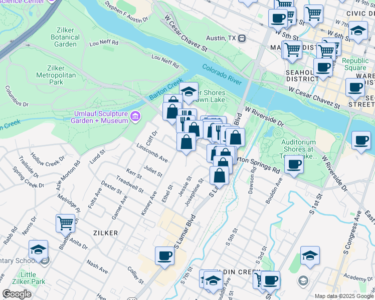 map of restaurants, bars, coffee shops, grocery stores, and more near 1501 Barton Springs Road in Austin