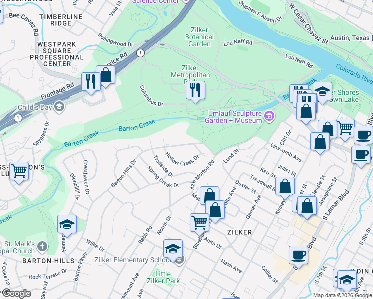 map of restaurants, bars, coffee shops, grocery stores, and more near 1135 Barton Hills Drive in Austin
