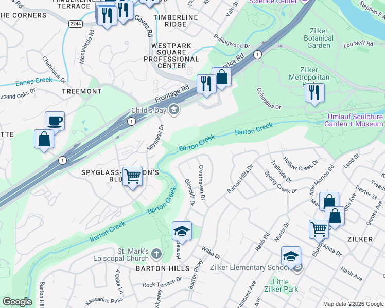 map of restaurants, bars, coffee shops, grocery stores, and more near 1701 Cresthaven Drive in Austin