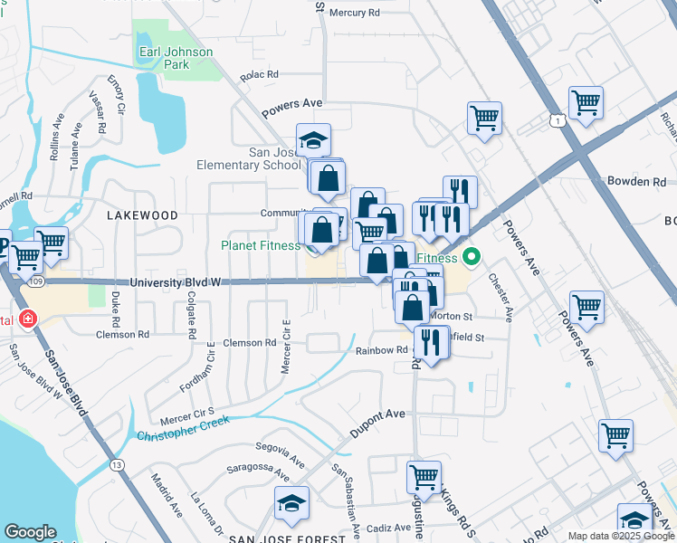 map of restaurants, bars, coffee shops, grocery stores, and more near 2845 University Boulevard West in Jacksonville