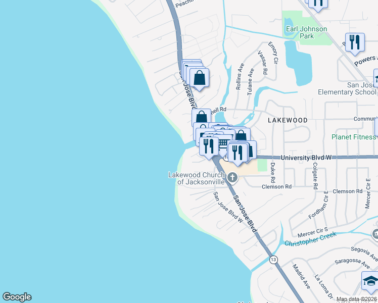 map of restaurants, bars, coffee shops, grocery stores, and more near 6000 San Jose Boulevard in Jacksonville