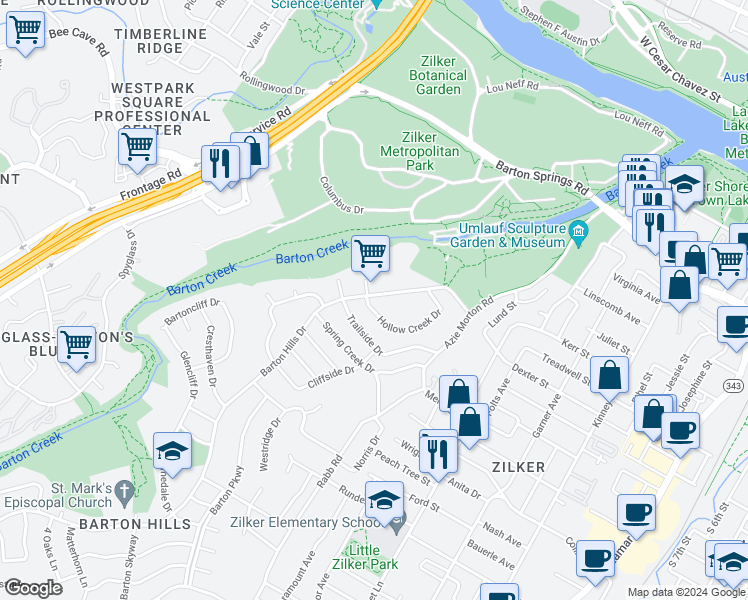 map of restaurants, bars, coffee shops, grocery stores, and more near 1300 Hollow Creek Drive in Austin