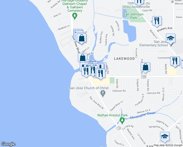 map of restaurants, bars, coffee shops, grocery stores, and more near 5635 San Jose Boulevard in Jacksonville
