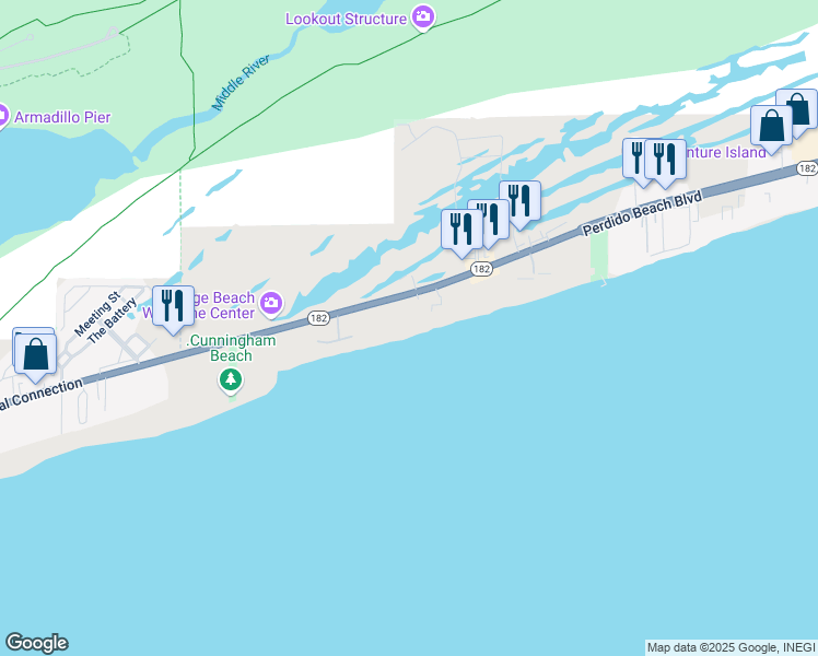 map of restaurants, bars, coffee shops, grocery stores, and more near 24036 Perdido Beach Boulevard in Orange Beach