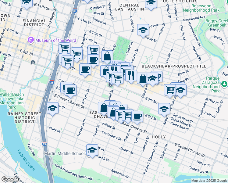 map of restaurants, bars, coffee shops, grocery stores, and more near 1600 East 4th Street in Austin