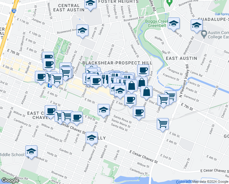 map of restaurants, bars, coffee shops, grocery stores, and more near 2129 East 7th Street in Austin