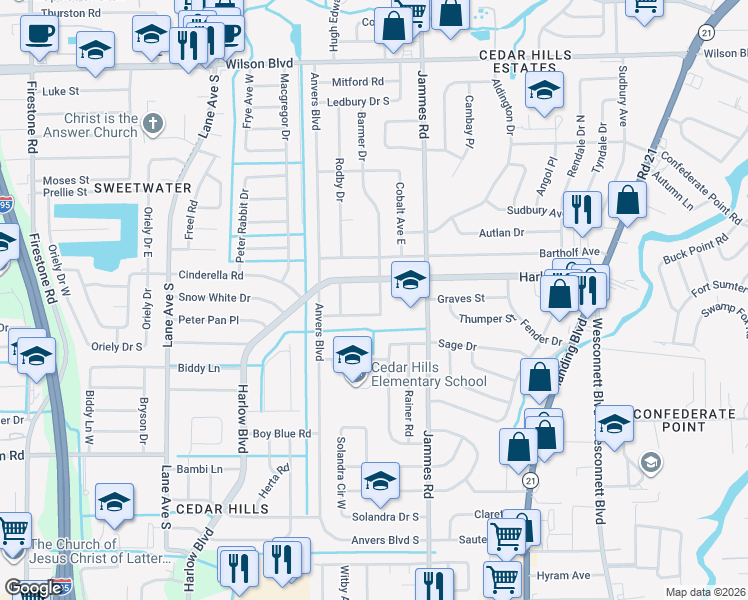map of restaurants, bars, coffee shops, grocery stores, and more near 4224 Barmer Drive in Jacksonville