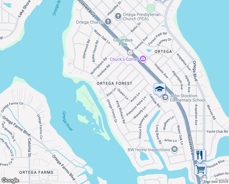map of restaurants, bars, coffee shops, grocery stores, and more near 4705 Ortega Forest Drive in Jacksonville