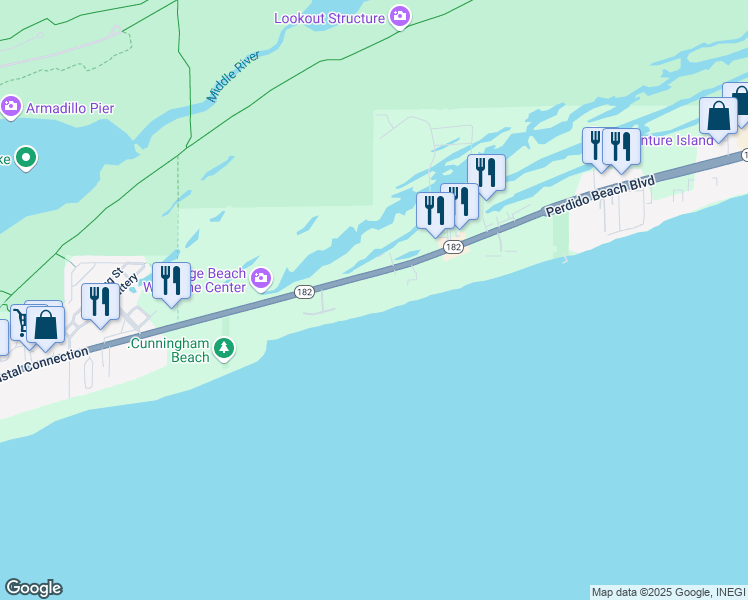 map of restaurants, bars, coffee shops, grocery stores, and more near 24036 Perdido Beach Boulevard in Orange Beach