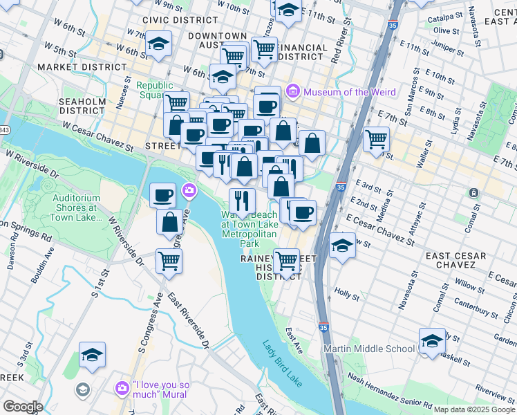 map of restaurants, bars, coffee shops, grocery stores, and more near 85 Trinity Street in Austin