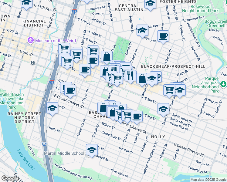 map of restaurants, bars, coffee shops, grocery stores, and more near 405 Comal Street in Austin