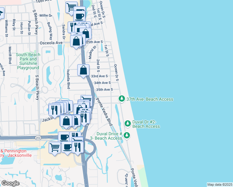 map of restaurants, bars, coffee shops, grocery stores, and more near 52 36th Avenue South in Jacksonville Beach