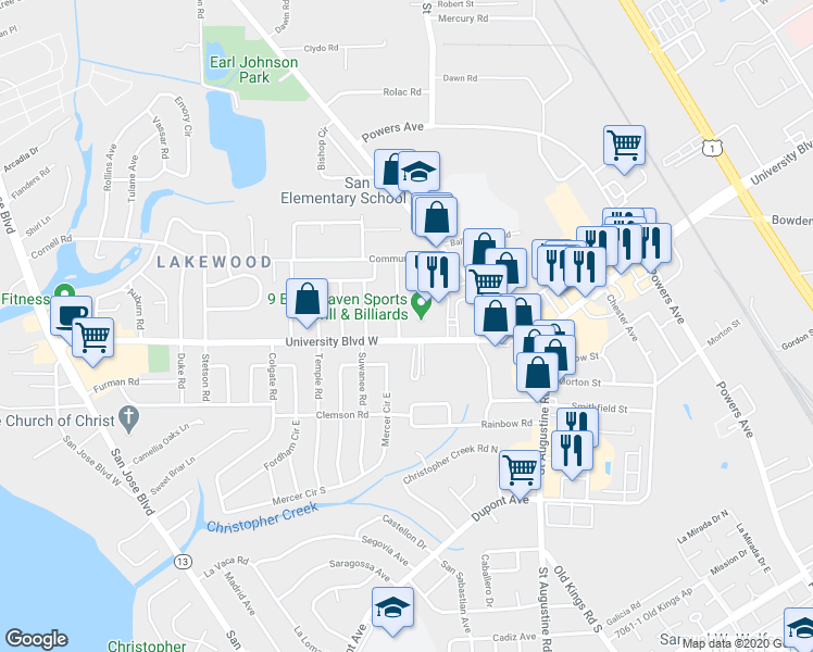 map of restaurants, bars, coffee shops, grocery stores, and more near 2601 University Boulevard West in Jacksonville