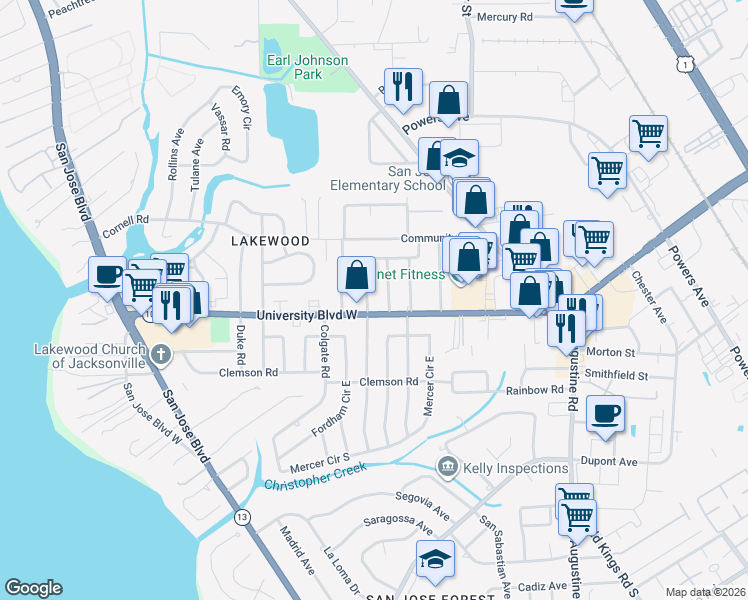 map of restaurants, bars, coffee shops, grocery stores, and more near 2415 University Boulevard West in Jacksonville