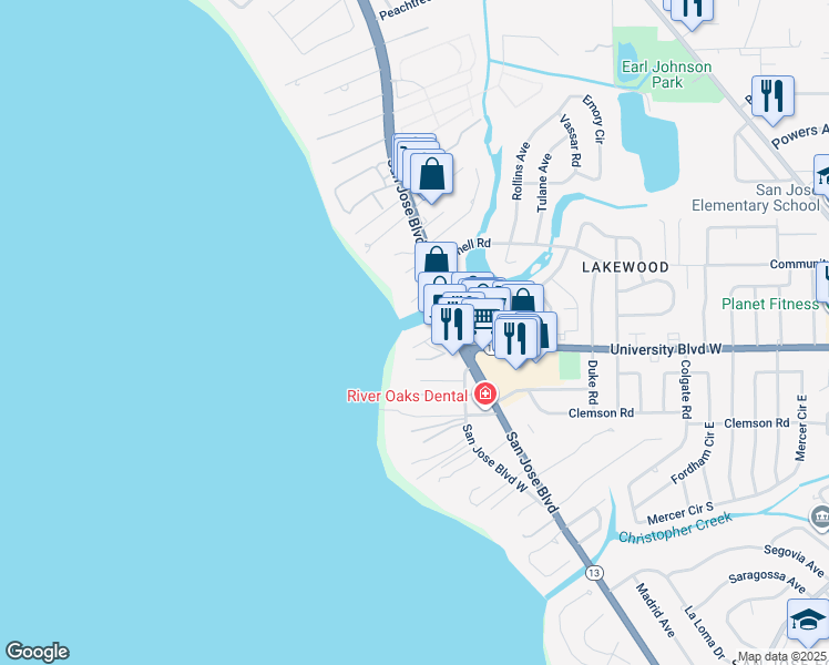 map of restaurants, bars, coffee shops, grocery stores, and more near 1401 University Boulevard West in Jacksonville