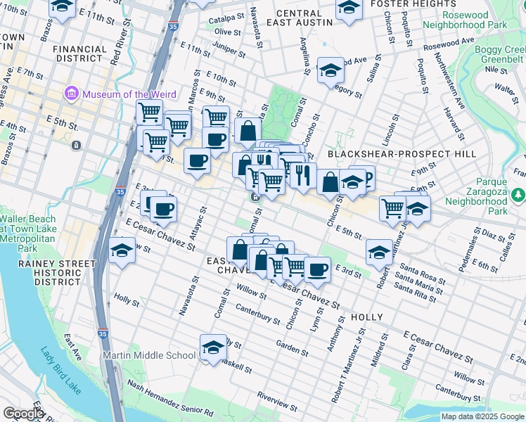 map of restaurants, bars, coffee shops, grocery stores, and more near 1610 East 4th Street in Austin