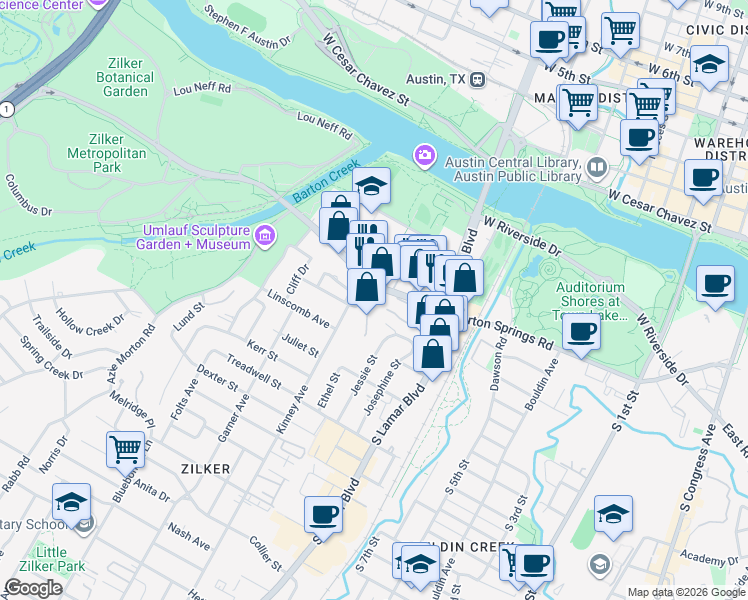map of restaurants, bars, coffee shops, grocery stores, and more near 1501 Barton Springs Road in Austin