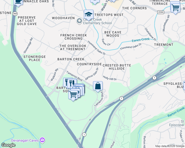 map of restaurants, bars, coffee shops, grocery stores, and more near 2103 Apricot Glen Drive in Austin