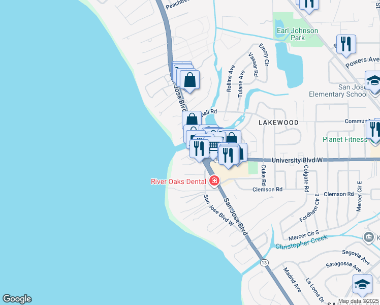 map of restaurants, bars, coffee shops, grocery stores, and more near 6000 San Jose Boulevard in Jacksonville