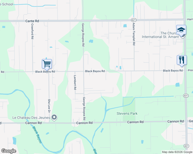 map of restaurants, bars, coffee shops, grocery stores, and more near 43063 Black Bayou Road in Gonzales