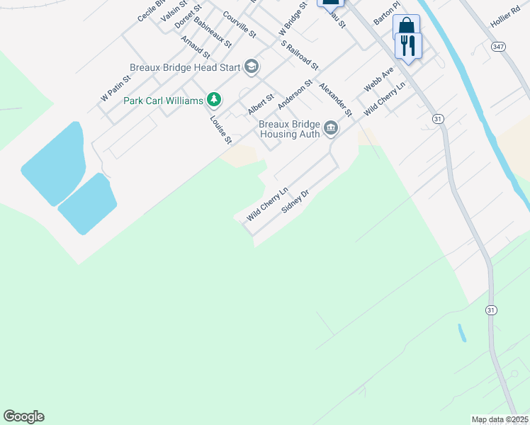 map of restaurants, bars, coffee shops, grocery stores, and more near 741 Wild Cherry Lane in Breaux Bridge