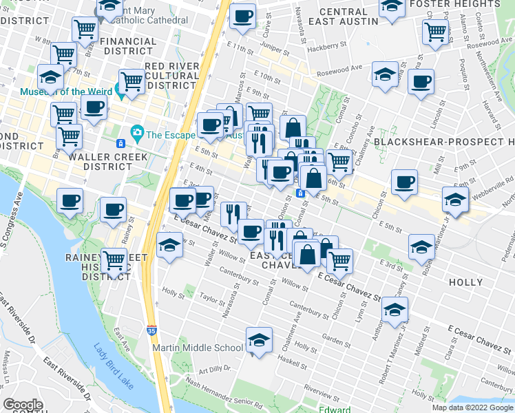map of restaurants, bars, coffee shops, grocery stores, and more near 1400 East 3rd Street in Austin