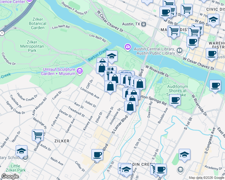 map of restaurants, bars, coffee shops, grocery stores, and more near 1501 Barton Springs Road in Austin