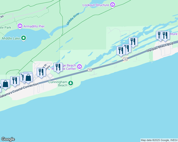 map of restaurants, bars, coffee shops, grocery stores, and more near 23822 Alabama 182 in Orange Beach
