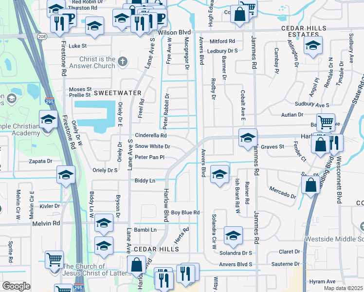 map of restaurants, bars, coffee shops, grocery stores, and more near 6721 Snow White Drive in Jacksonville