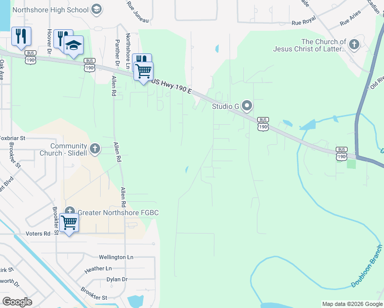 map of restaurants, bars, coffee shops, grocery stores, and more near 57250 South Hardin Road in Slidell