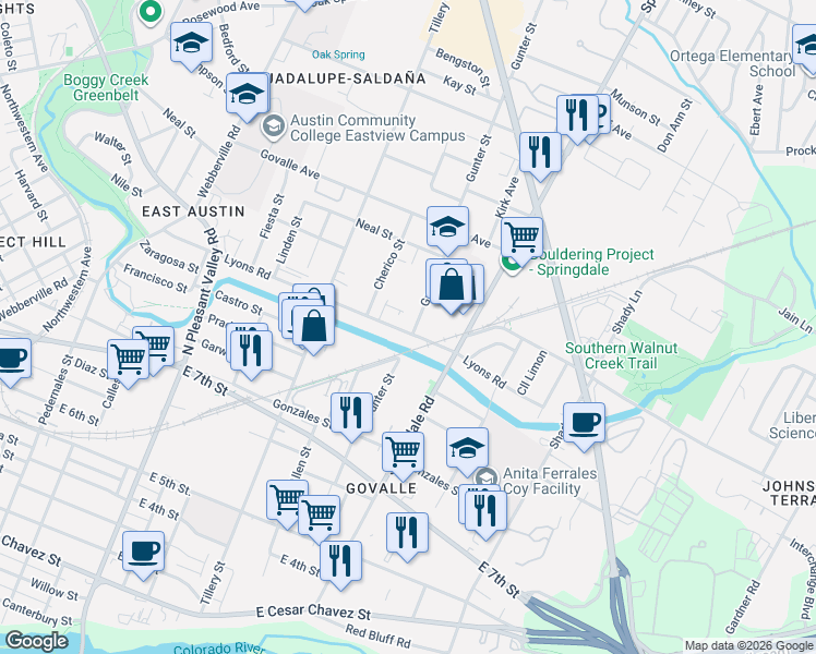 map of restaurants, bars, coffee shops, grocery stores, and more near 3505 Lyons Road in Austin