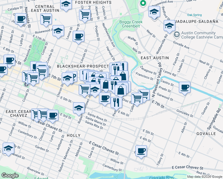 map of restaurants, bars, coffee shops, grocery stores, and more near 2316 Morelos Street in Austin