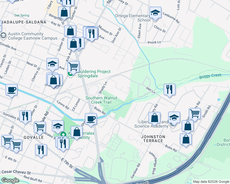 map of restaurants, bars, coffee shops, grocery stores, and more near 1125 Shady Lane in Austin