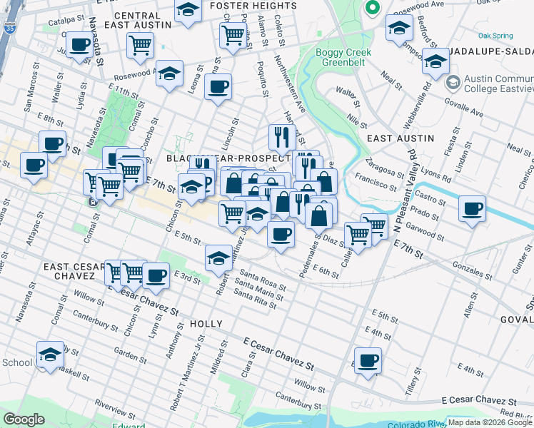 map of restaurants, bars, coffee shops, grocery stores, and more near 2200 East 7th Street in Austin
