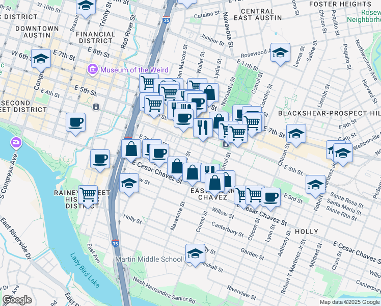 map of restaurants, bars, coffee shops, grocery stores, and more near 204 Attayac Street in Austin
