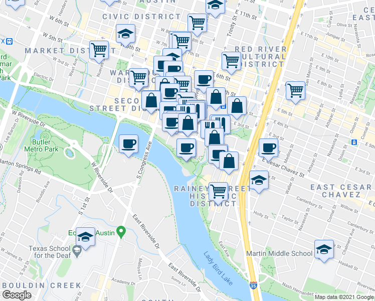 map of restaurants, bars, coffee shops, grocery stores, and more near 98 San Jacinto Boulevard in Austin
