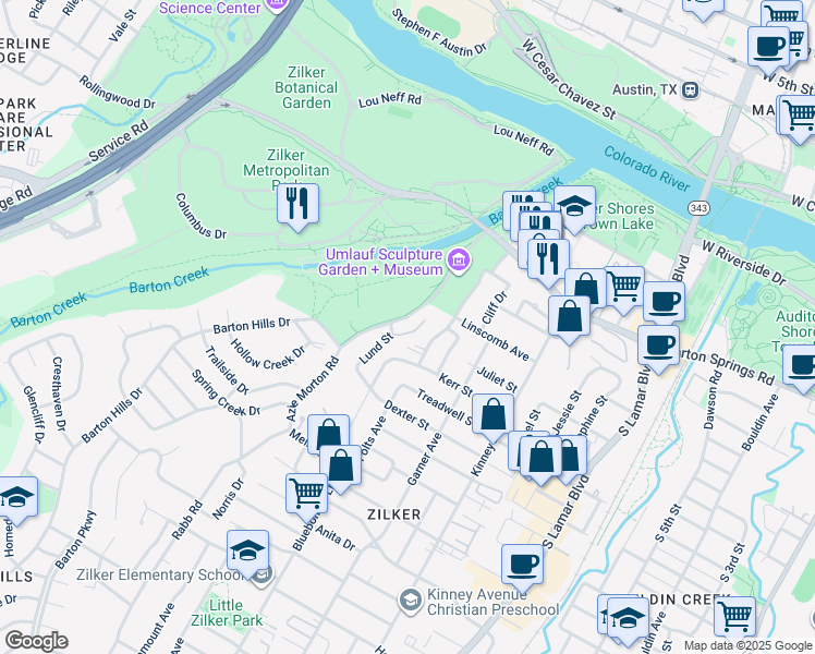 map of restaurants, bars, coffee shops, grocery stores, and more near 905 Lund Street in Austin