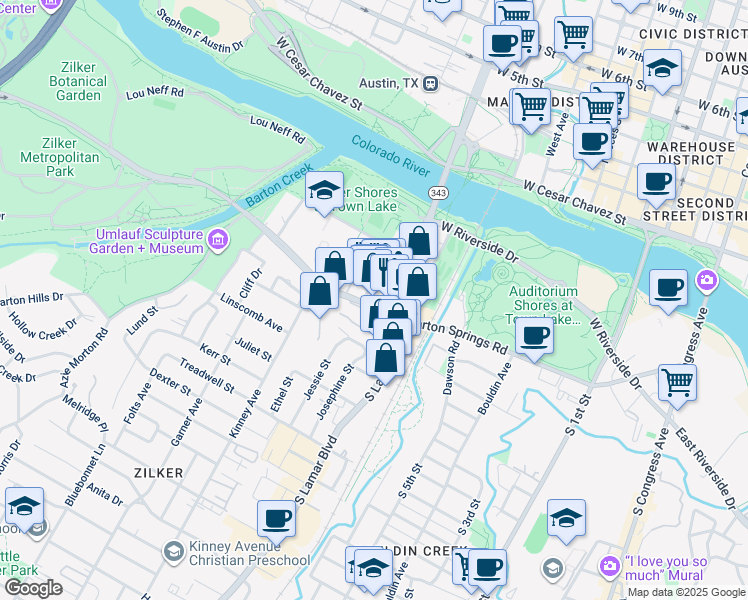 map of restaurants, bars, coffee shops, grocery stores, and more near 1410 Barton Springs Road in Austin