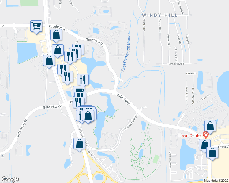 map of restaurants, bars, coffee shops, grocery stores, and more near Touchton Rd & Gate Pkwy N in Jacksonville