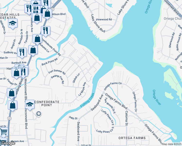 map of restaurants, bars, coffee shops, grocery stores, and more near 4455 Confederate Point Road in Jacksonville