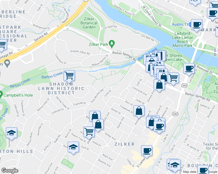 map of restaurants, bars, coffee shops, grocery stores, and more near Robert E Lee Road in Austin