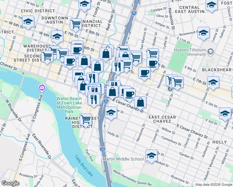 map of restaurants, bars, coffee shops, grocery stores, and more near 903 East 2nd Street in Austin