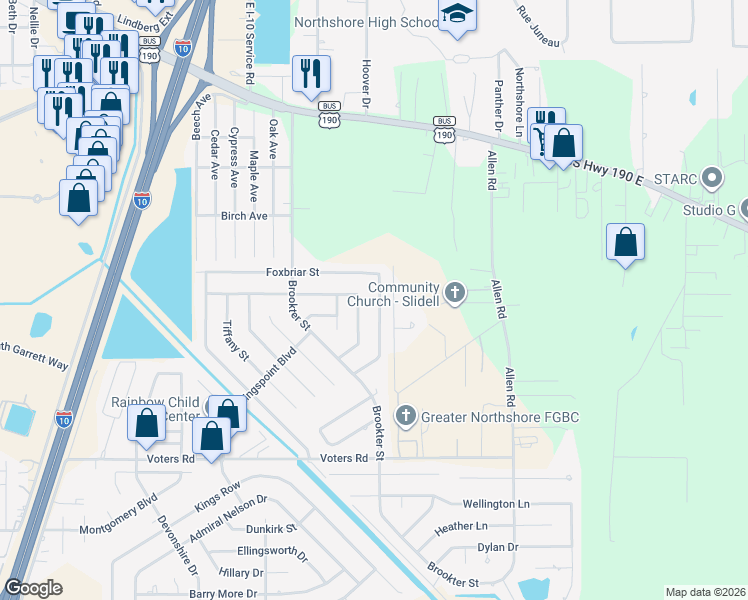 map of restaurants, bars, coffee shops, grocery stores, and more near 316 Almond Creek Road in Slidell
