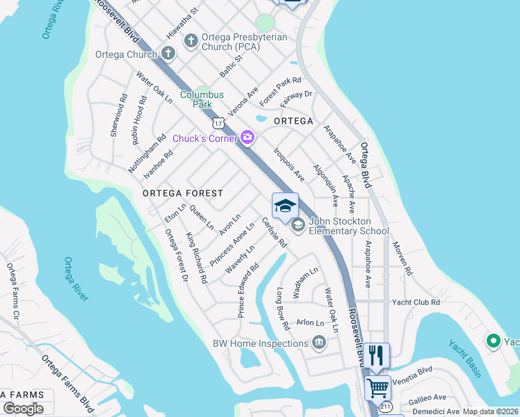 map of restaurants, bars, coffee shops, grocery stores, and more near 4717 Carlisle Road in Jacksonville